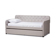 Baxton Studio Camelia Modern and Contemporary Beige Fabric Upholstered Button-Tufted Twin Size Sofa Daybed with Roll-Out Trundle Guest Bed